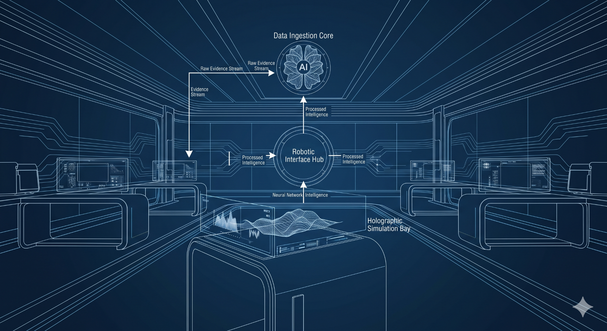 Blueprint-style visualization of a protected AI evidence laboratory